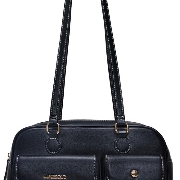Luxbold Handbags - Black Vegan Leather Trendy Shoulder and Clutch Purse with Zip Pockets for Women